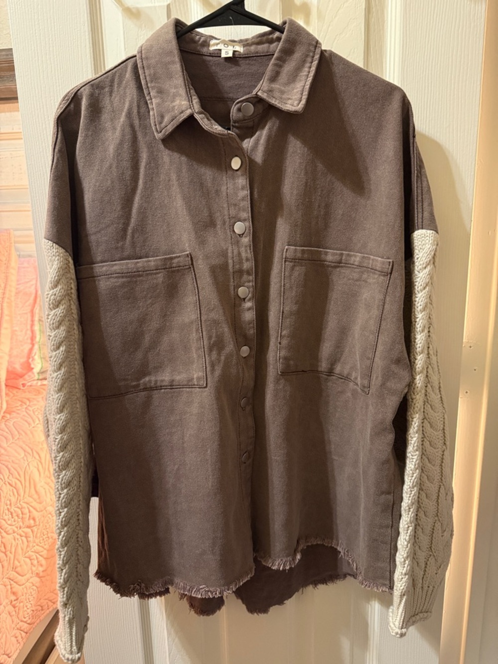 POL Button-Front Shirt Jacket with Cable Knit Sleeves - Brown and Cream